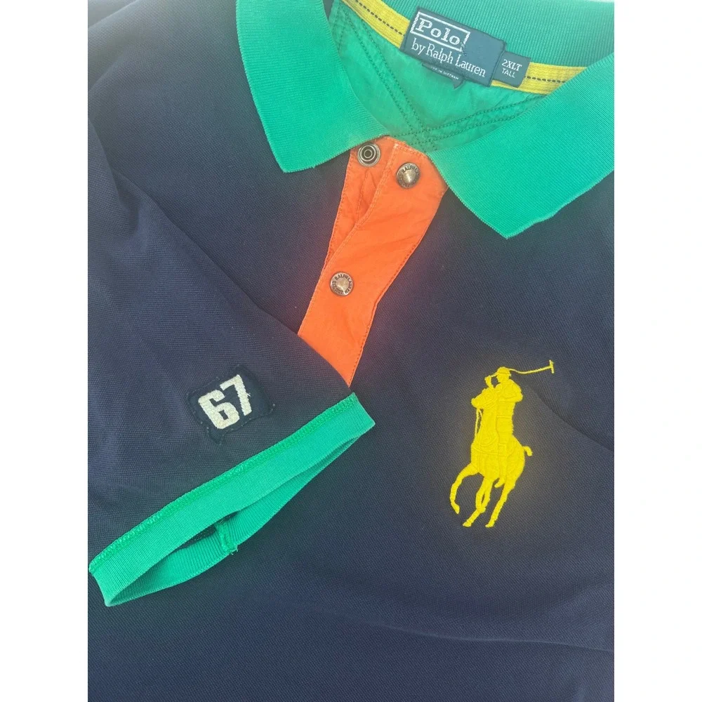 Polo Ralph Lauren Men 2XLT Colorblock Big Pony Polo Shirt Navy Blue Green Orange